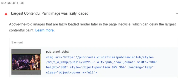 Reported issue for LCP metric