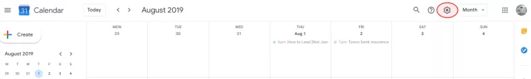 Google calendar settings gear screenshot